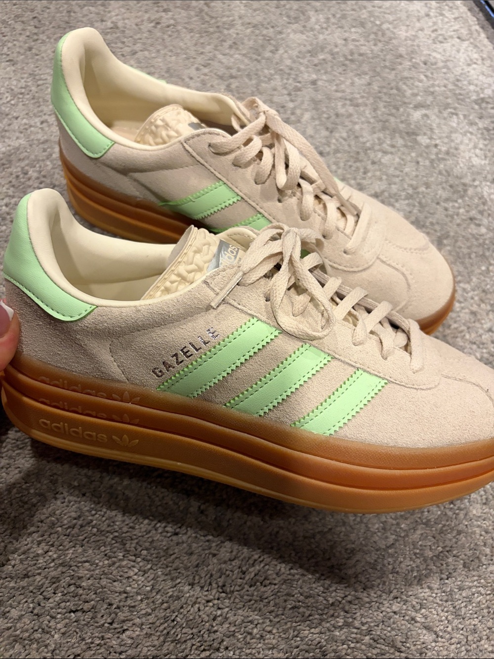 Tan and green adidas gazelles